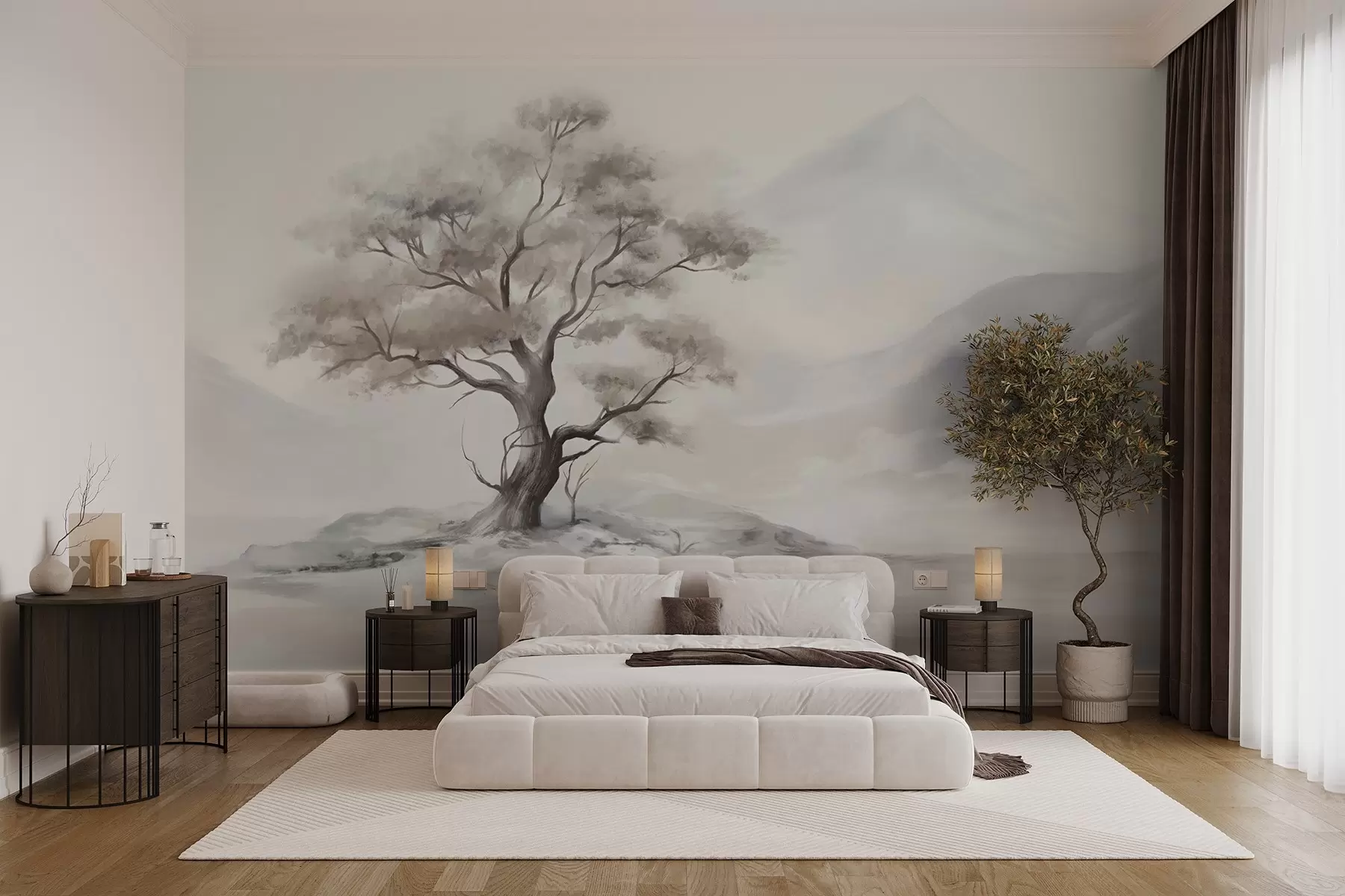 Wall Mural Photo Wallpaper A minimalistic drawing of a lone, twisted tree in a desolate, rocky landscape with mountains in the background  w08604