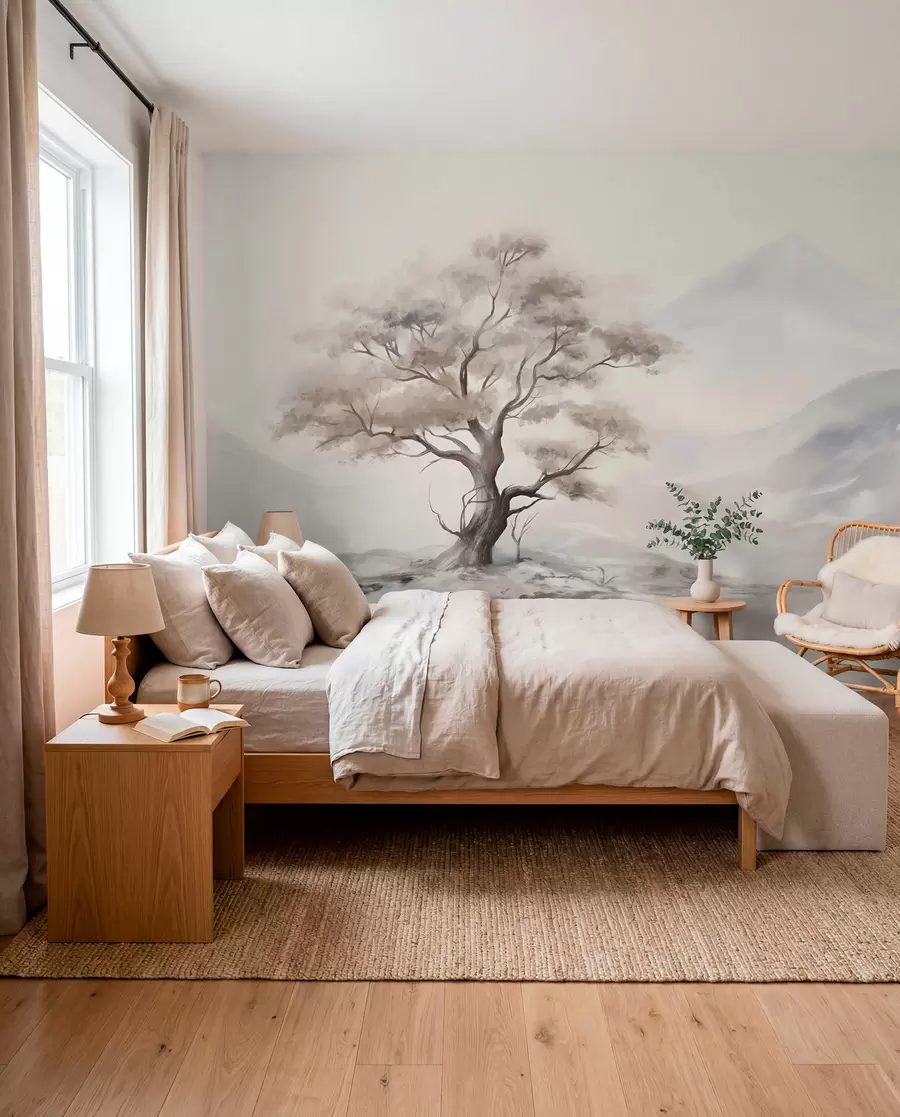 wall murals A minimalistic drawing of a lone, twisted tree in a desolate, rocky landscape with mountains in the background w08604