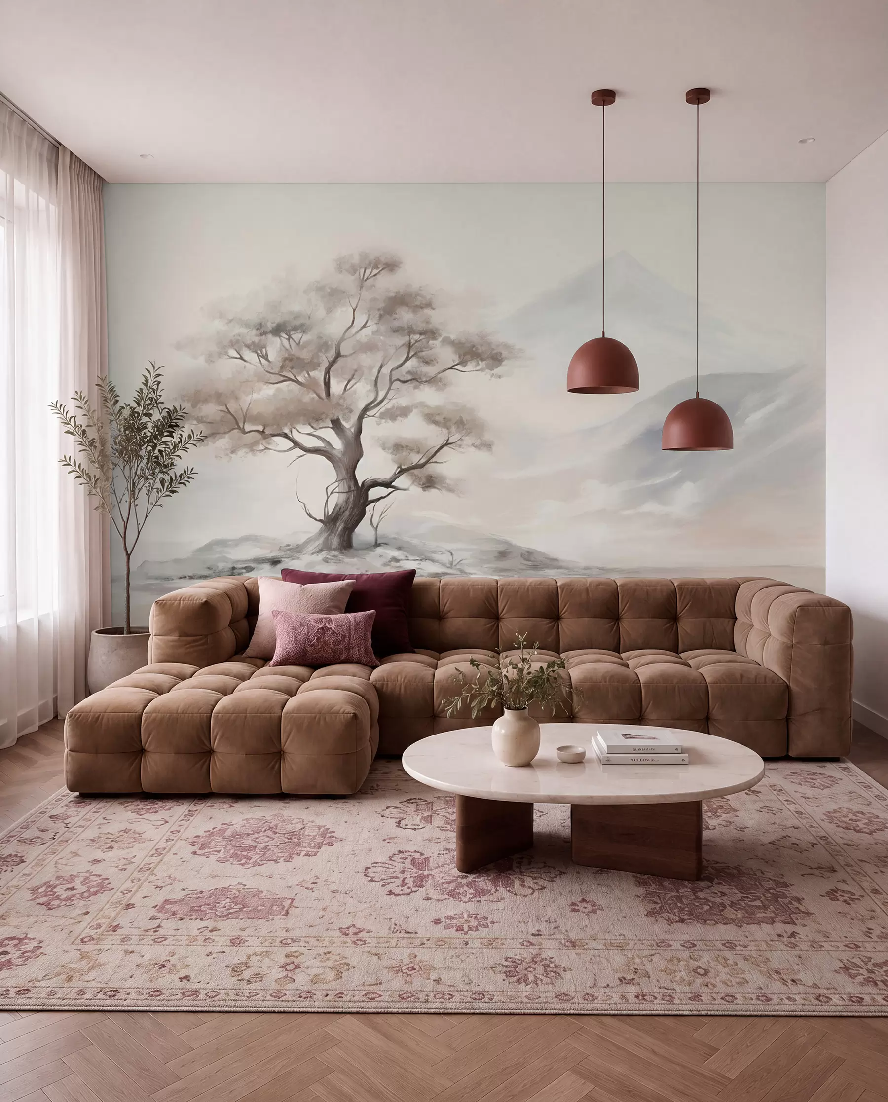 wall murals A minimalistic drawing of a lone, twisted tree in a desolate, rocky landscape with mountains in the background w08604