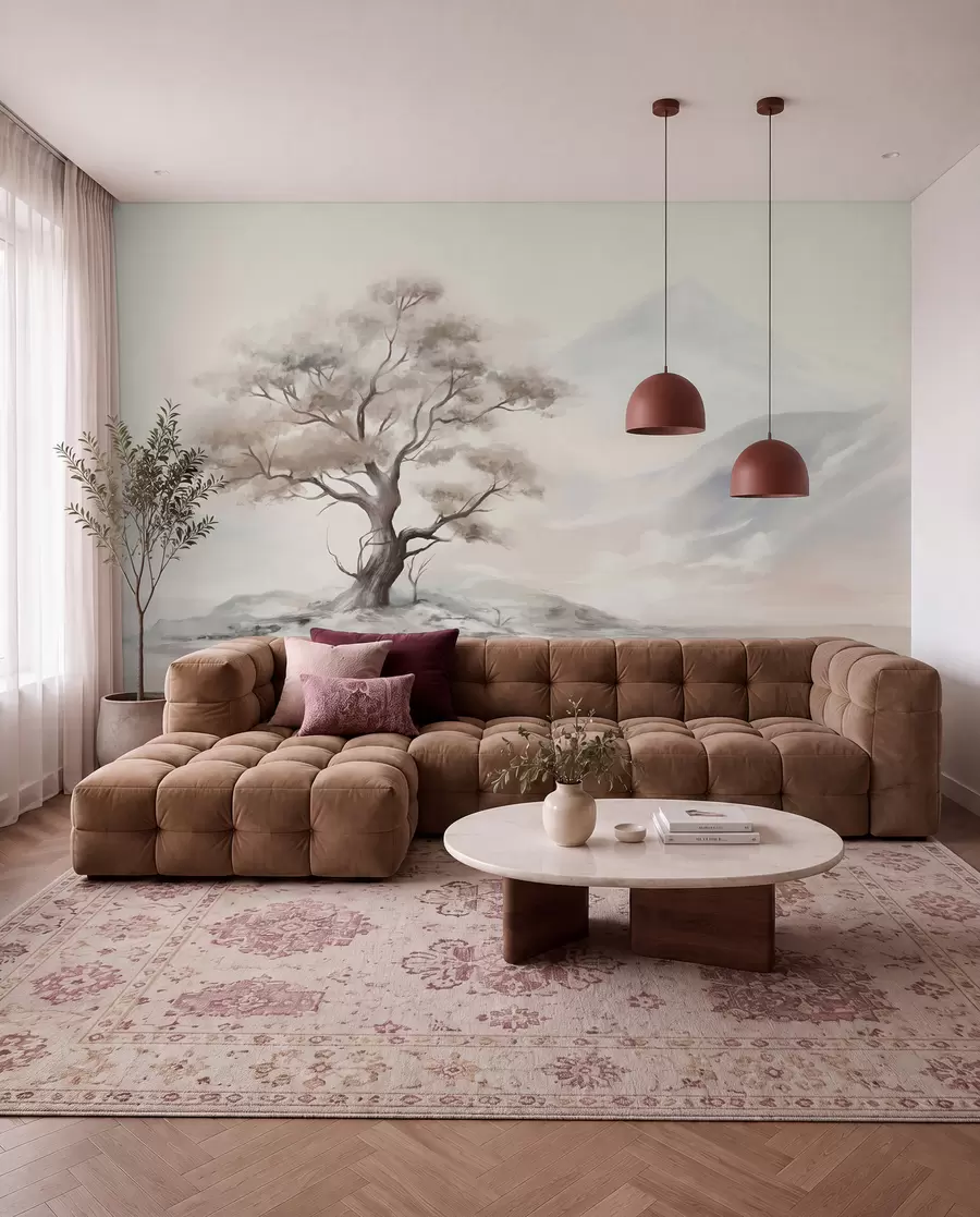 peintures murales Dessin minimaliste d'un arbre solitaire et tordu dans un paysage désolé et rocailleux avec des montagnes en arrière-plan w08604