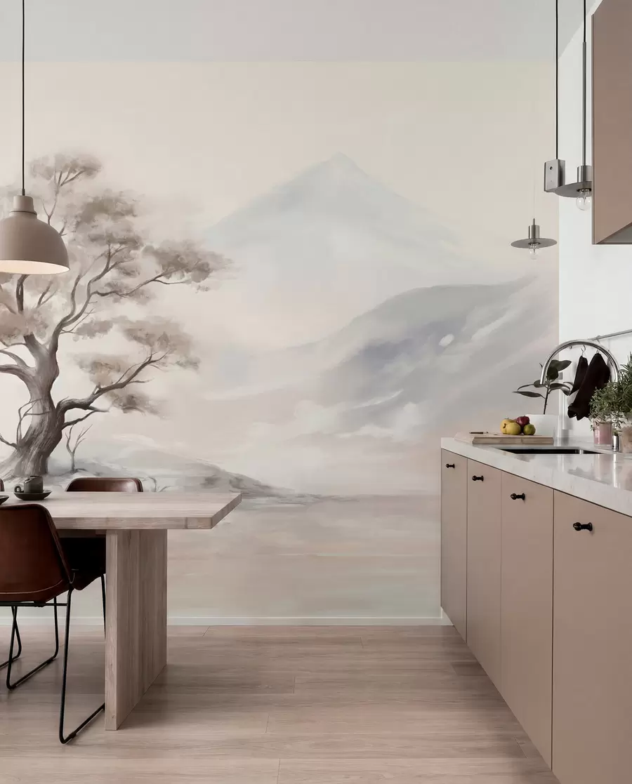 peintures murales Dessin minimaliste d'un arbre solitaire et tordu dans un paysage désolé et rocailleux avec des montagnes en arrière-plan w08604