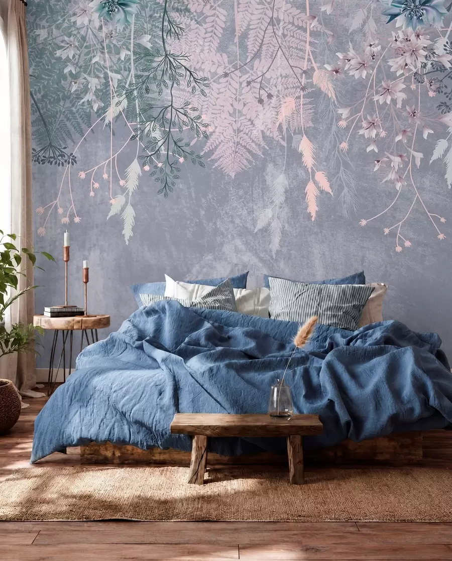 murales Unas plantas de ensueño, delicadas y tenues, espiguillas y flores en colores pastel azulados sobre un fondo brumoso y texturizado w08606
