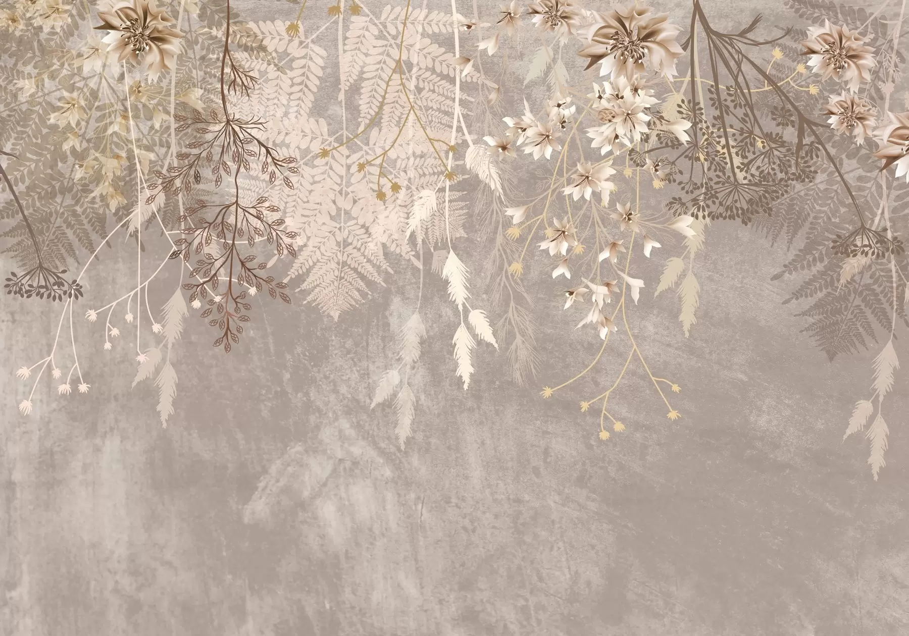 murales Unas plantas de ensueño, delicadas y tenues, espiguillas y flores en colores pastel marrones sobre un fondo brumoso y texturizado w08606v1