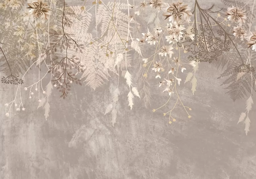 Wall Mural Photo Wallpaper A dreamy, delicate, wispy plants, spikelets and flowers in brown pastel colors against a hazy, textured background w08606v1