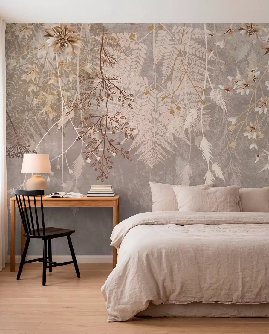 murales Unas plantas de ensueño, delicadas y tenues, espiguillas y flores en colores pastel marrones sobre un fondo brumoso y texturizado w08606v1