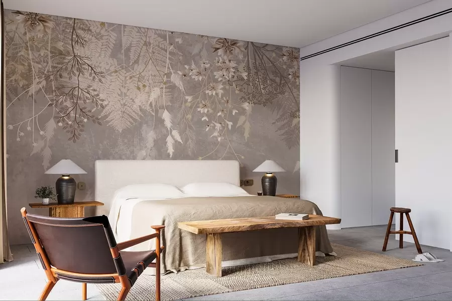 Wall Mural Photo Wallpaper A dreamy, delicate, wispy plants, spikelets and flowers in brown pastel colors against a hazy, textured background w08606v1