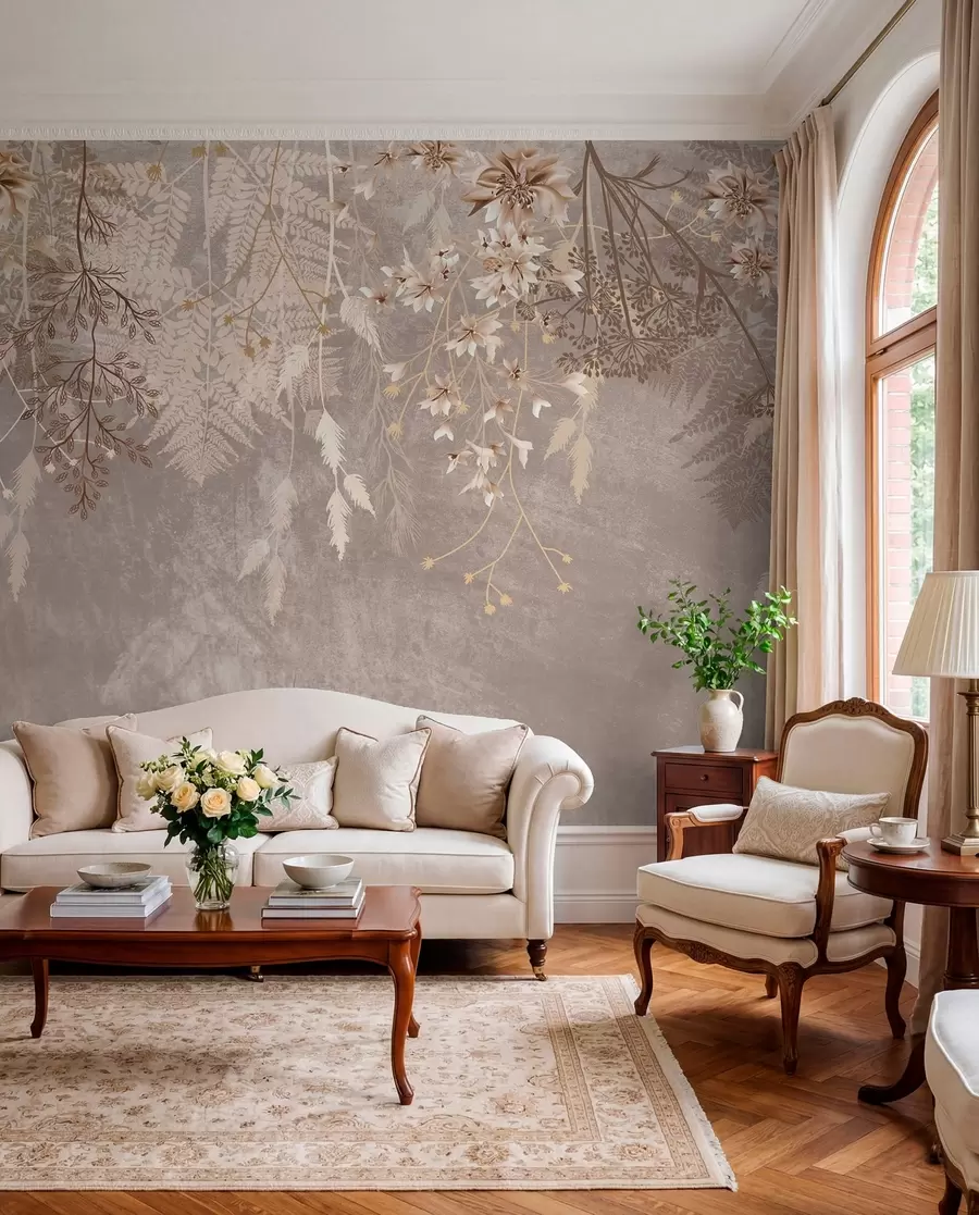 Wall Mural Photo Wallpaper A dreamy, delicate, wispy plants, spikelets and flowers in brown pastel colors against a hazy, textured background w08606v1