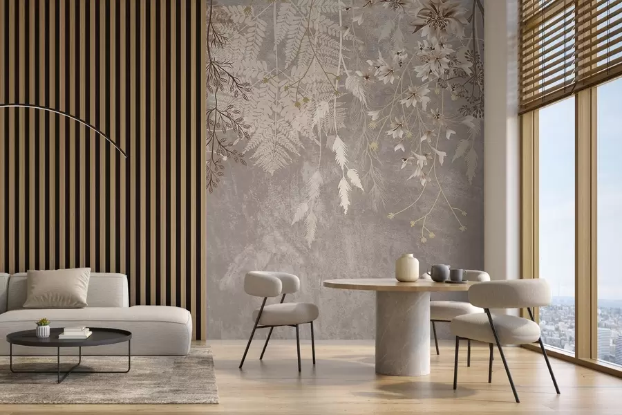 Wall Mural Photo Wallpaper A dreamy, delicate, wispy plants, spikelets and flowers in brown pastel colors against a hazy, textured background w08606v1