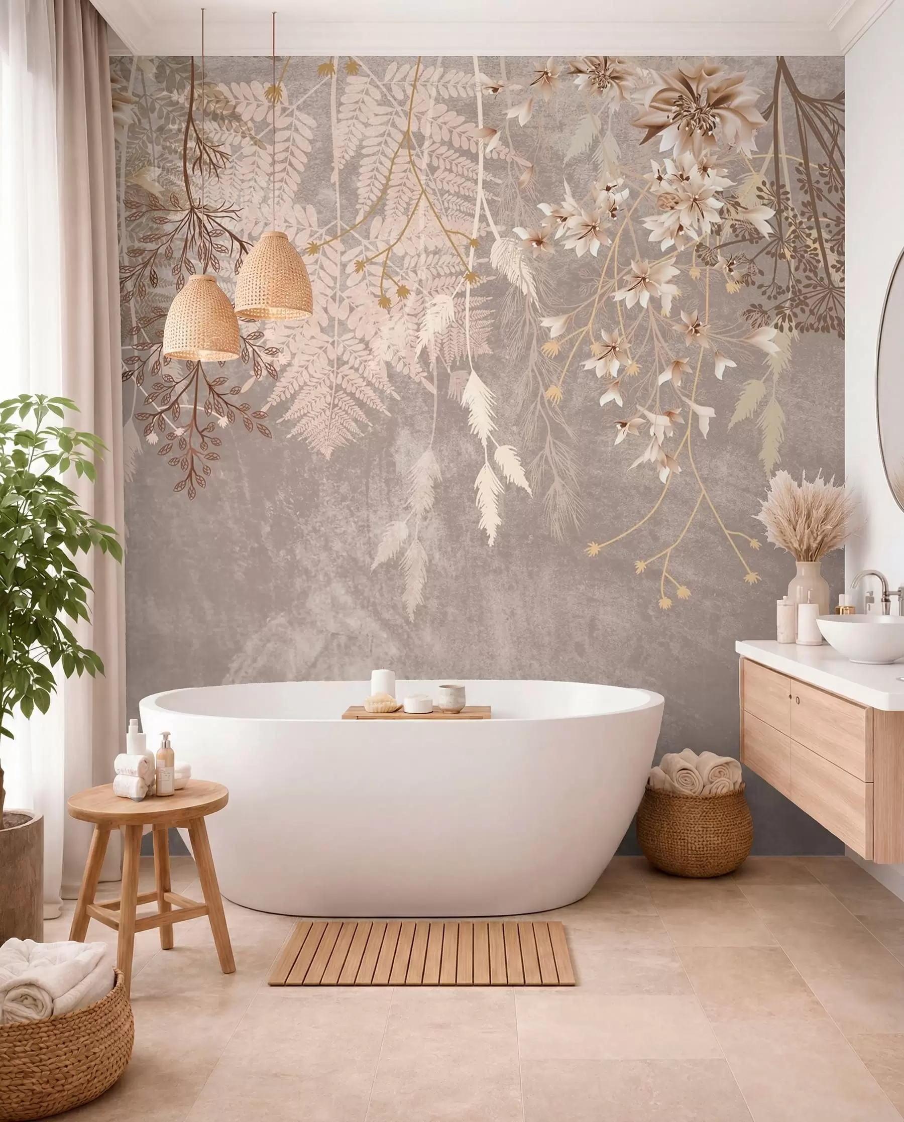 Wall Mural Photo Wallpaper A dreamy, delicate, wispy plants, spikelets and flowers in brown pastel colors against a hazy, textured background w08606v1