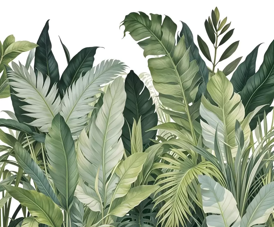 peintures murales Feuillage tropical avec diverses grandes feuilles vertes, y compris des feuilles de bananier, des feuilles de palmier et d'autres espèces de plantes exotiques w08609