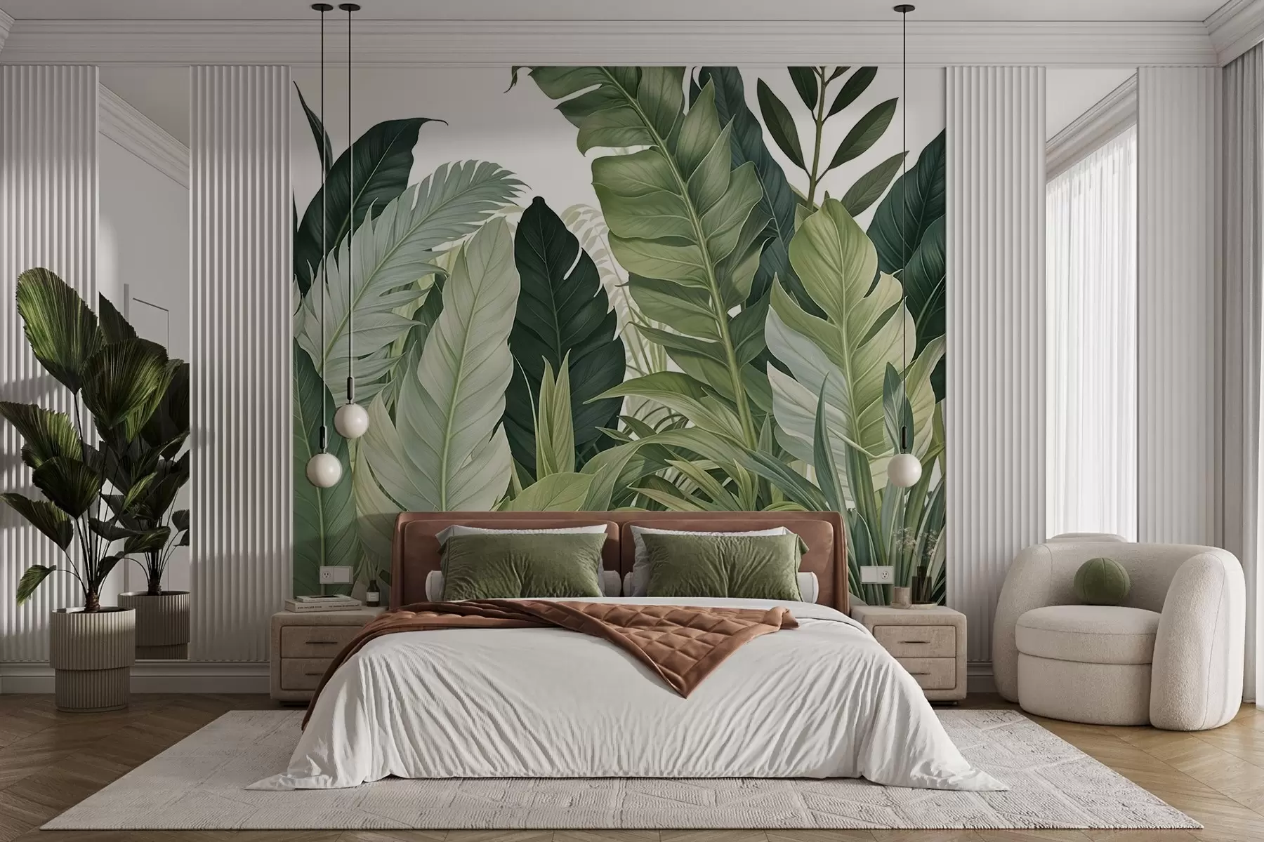 murales Follaje tropical con varias hojas verdes grandes, incluidas hojas de plátano, hojas de palmera y otras especies de plantas exóticas w08609