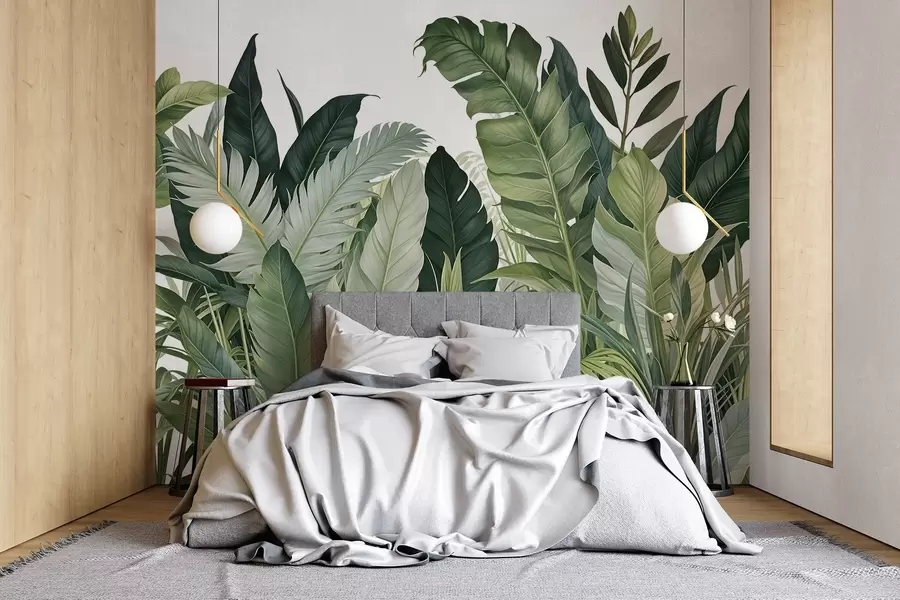 Wall Mural Photo Wallpaper Tropical foliage with various large green leaves, including banana leaves, palm leaves, and other exotic plant species w08609