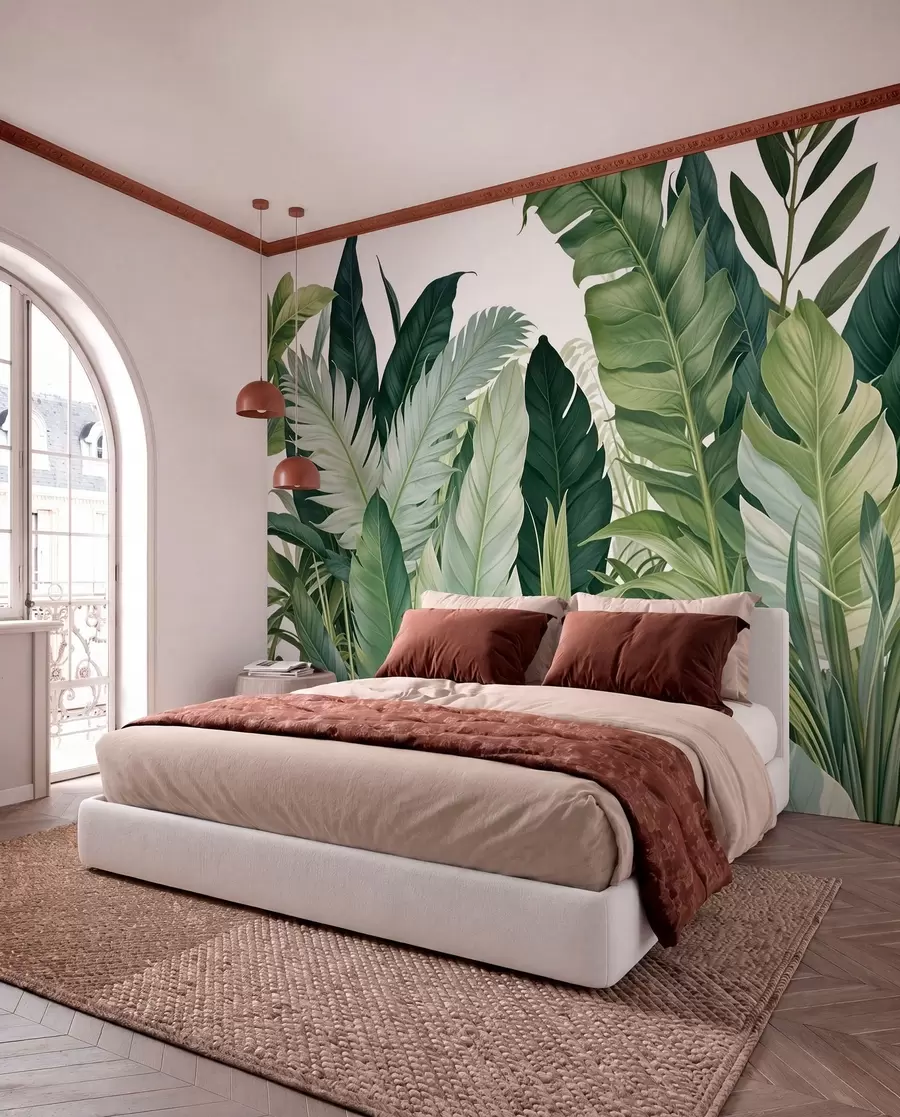 peintures murales Feuillage tropical avec diverses grandes feuilles vertes, y compris des feuilles de bananier, des feuilles de palmier et d'autres espèces de plantes exotiques w08609