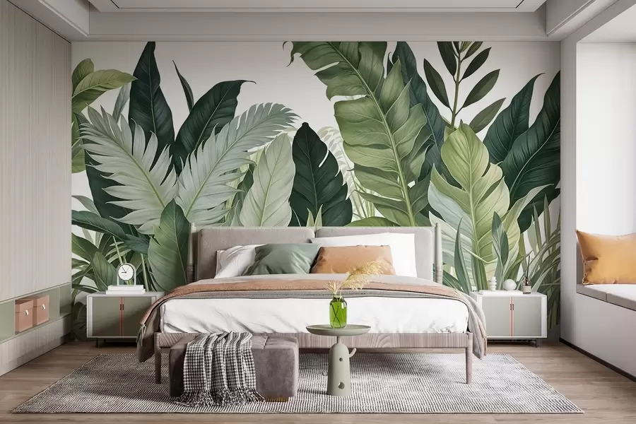 murales Follaje tropical con varias hojas verdes grandes, incluidas hojas de plátano, hojas de palmera y otras especies de plantas exóticas w08609