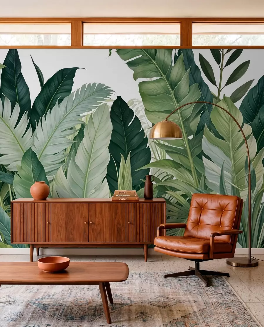 peintures murales Feuillage tropical avec diverses grandes feuilles vertes, y compris des feuilles de bananier, des feuilles de palmier et d'autres espèces de plantes exotiques w08609