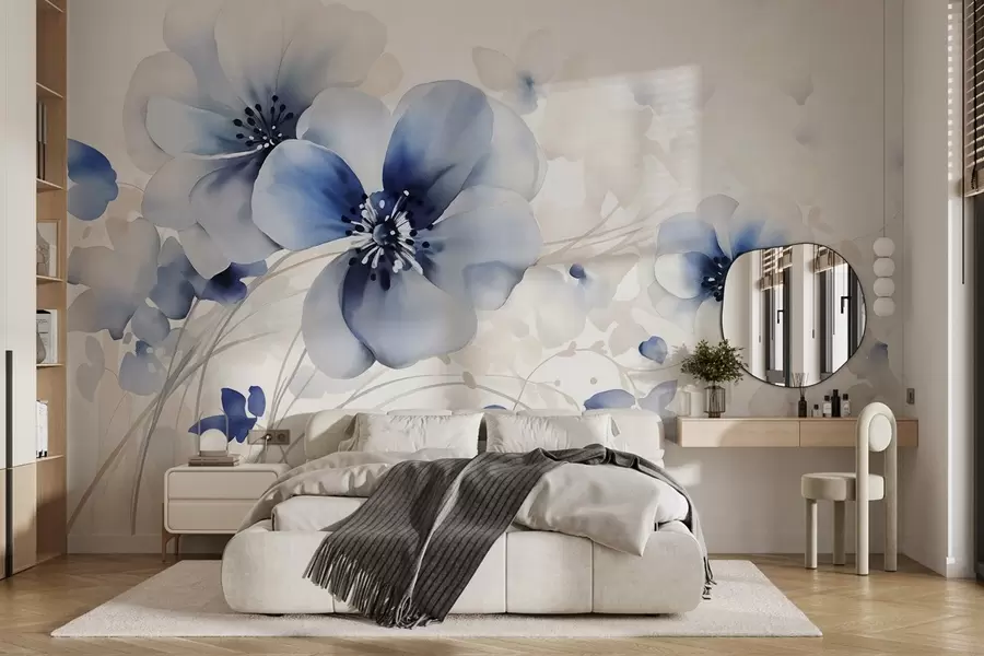 murales Delicadas flores azules y blancas en forma de acuarela con suaves pétalos y fondo difuminado w08610