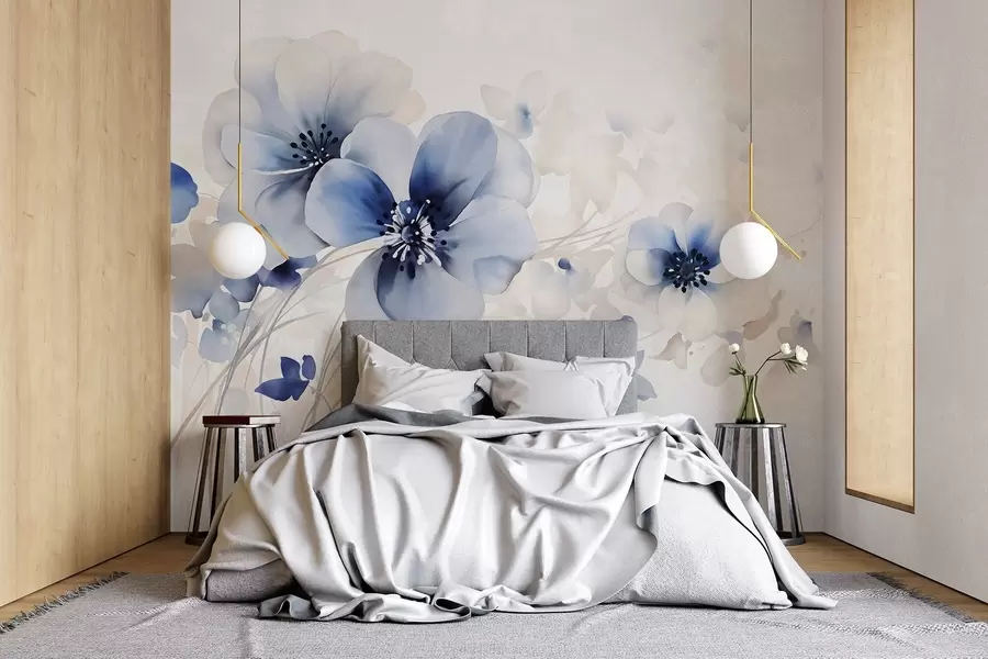 Wall Mural Photo Wallpaper Delicate watercolor-like blue and white flowers with soft petals and blurred background w08610