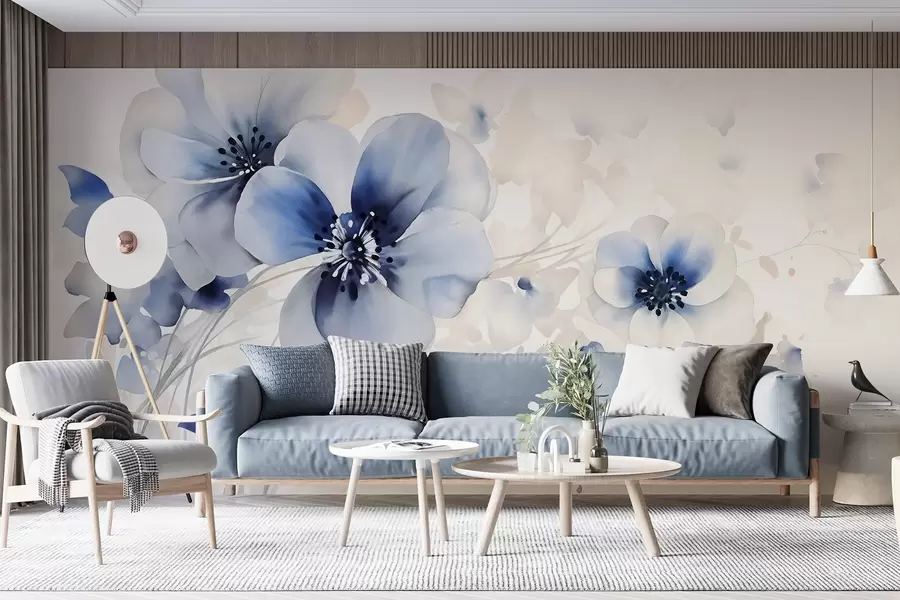 murales Delicadas flores azules y blancas en forma de acuarela con suaves pétalos y fondo difuminado w08610