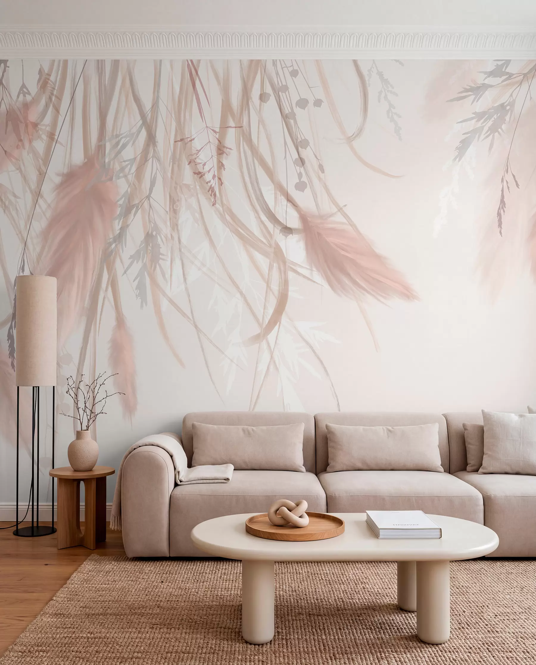 Wall Mural Photo Wallpaper Soft, wispy pampas grass and spikelets in shades of beige and pink against a light background w08611