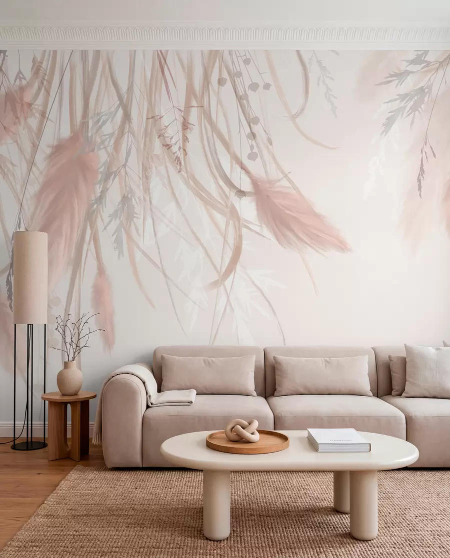 Wall Mural Photo Wallpaper Soft, wispy pampas grass and spikelets in shades of beige and pink against a light background w08611