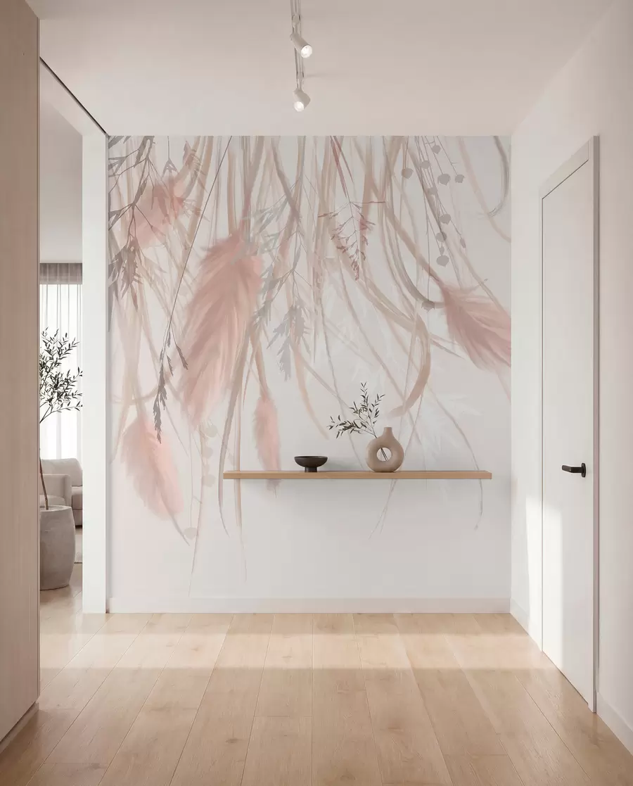 peintures murales Herbe de la pampa douce et vaporeuse et épillets dans les tons beige et rose sur un fond clair w08611