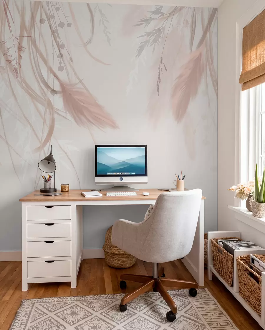 wall murals Soft, wispy pampas grass and spikelets in shades of beige and pink against a light background w08611