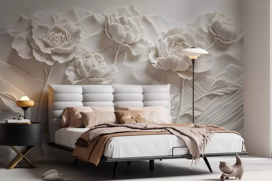 Wall Mural Photo Wallpaper A white floral imitation of relief sculpture with large, detailed peony flowers against a plain background w08612