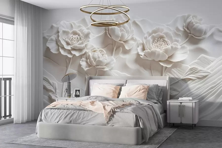 Wall Mural Photo Wallpaper A white floral imitation of relief sculpture with large, detailed peony flowers against a plain background w08612