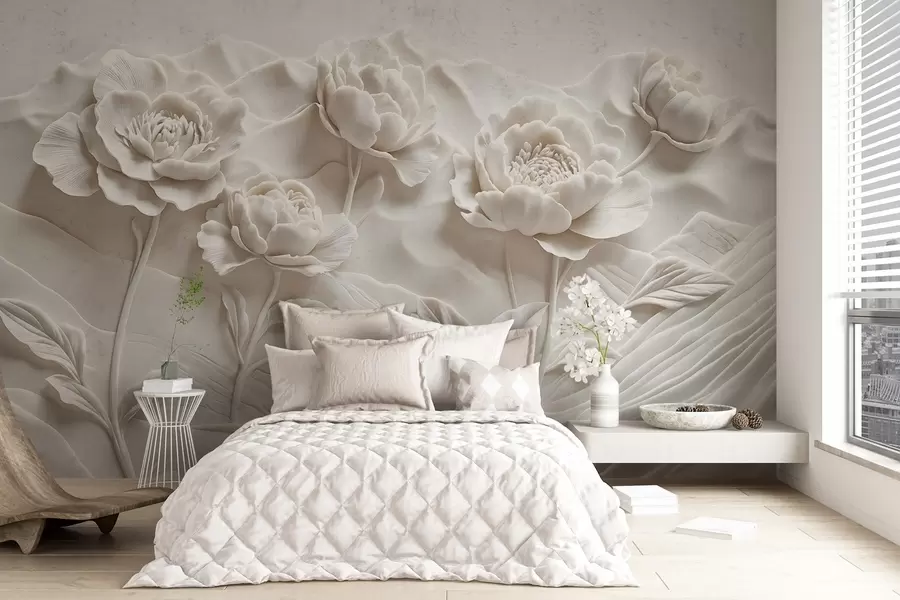 Wall Mural Photo Wallpaper A white floral imitation of relief sculpture with large, detailed peony flowers against a plain background w08612