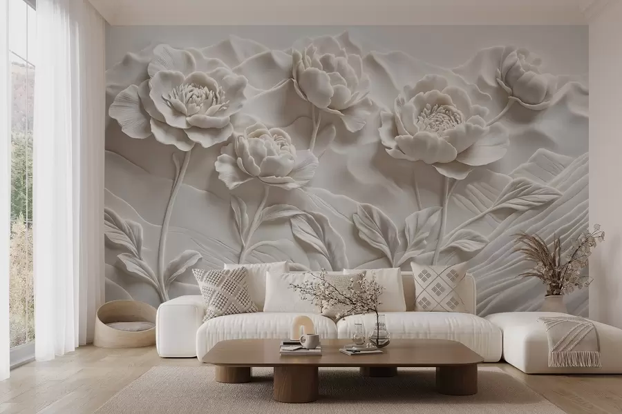 wall murals A white floral imitation of relief sculpture with large, detailed peony flowers against a plain background w08612