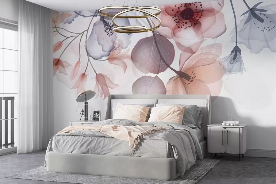 Wall Mural Photo Wallpaper Delicate pink and gray translucent flowers with soft petals and dark centers, against a light background w08613