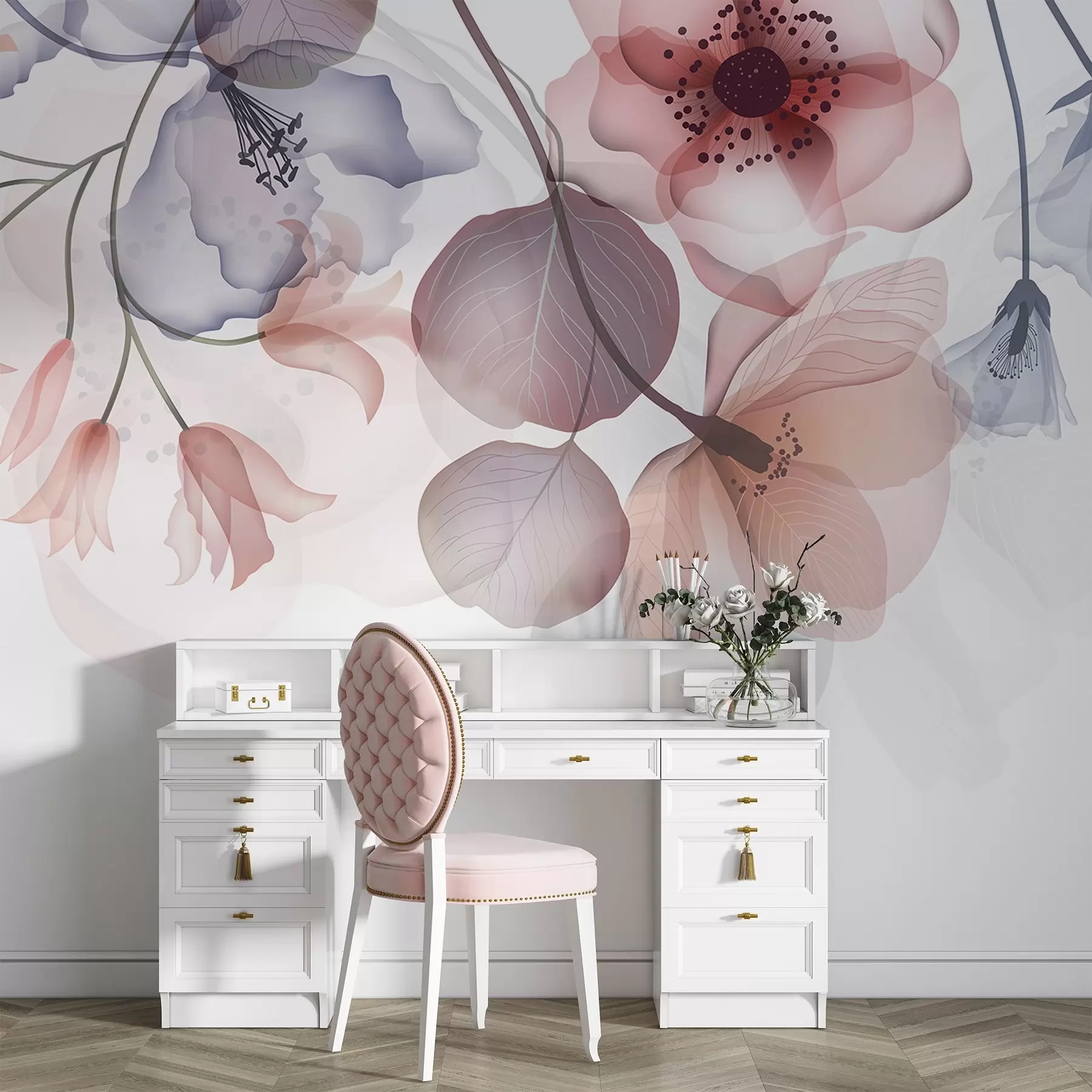 murais de parede Delicadas flores translúcidas cor-de-rosa e cinzentas com pétalas suaves e centros escuros, sobre um fundo claro w08613