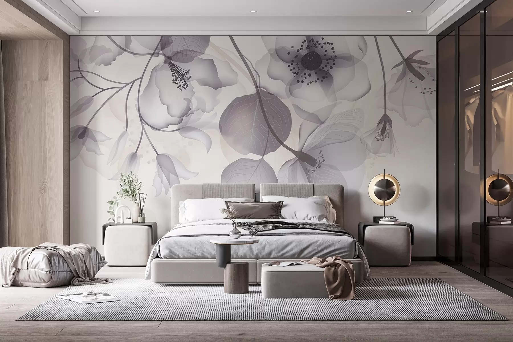 wall murals Delicate gray and beige translucent flowers with soft petals and dark centers, against a light background w08613v2