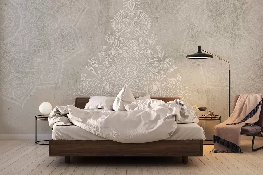 Wall Mural Photo Wallpaper A detailed, intricate white lace mandala print on a light beige textured abstract background w08614