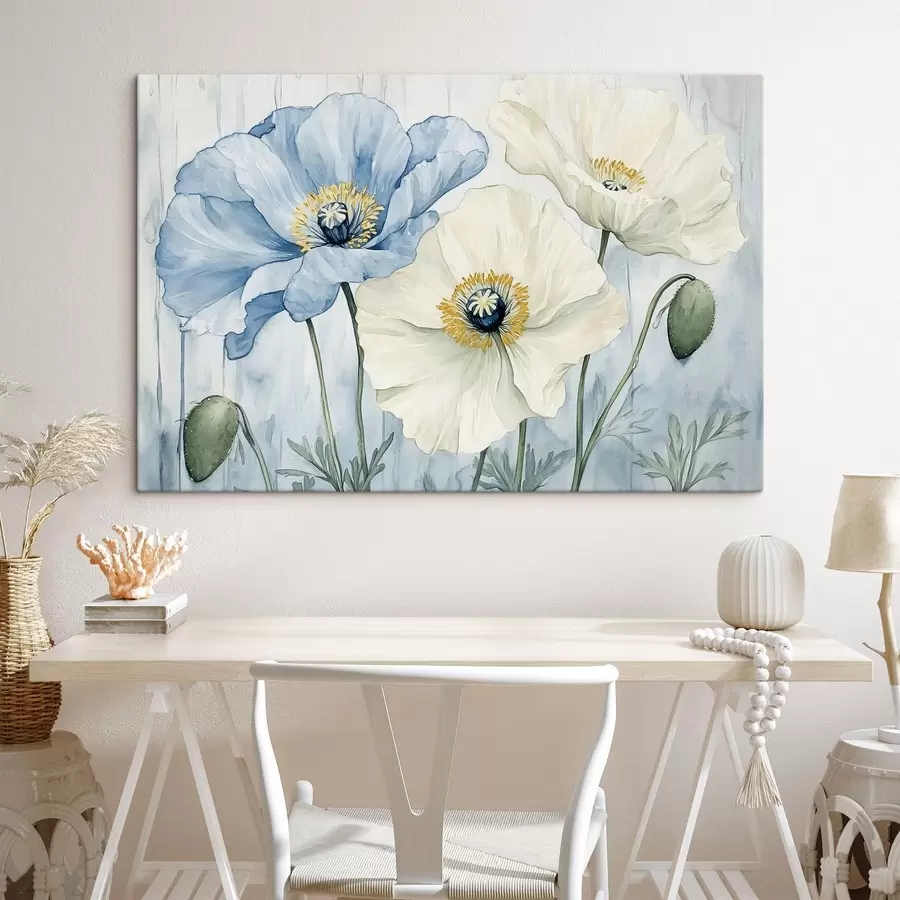 murales Amapolas azules y blancas sobre fondo de acuarela s42191