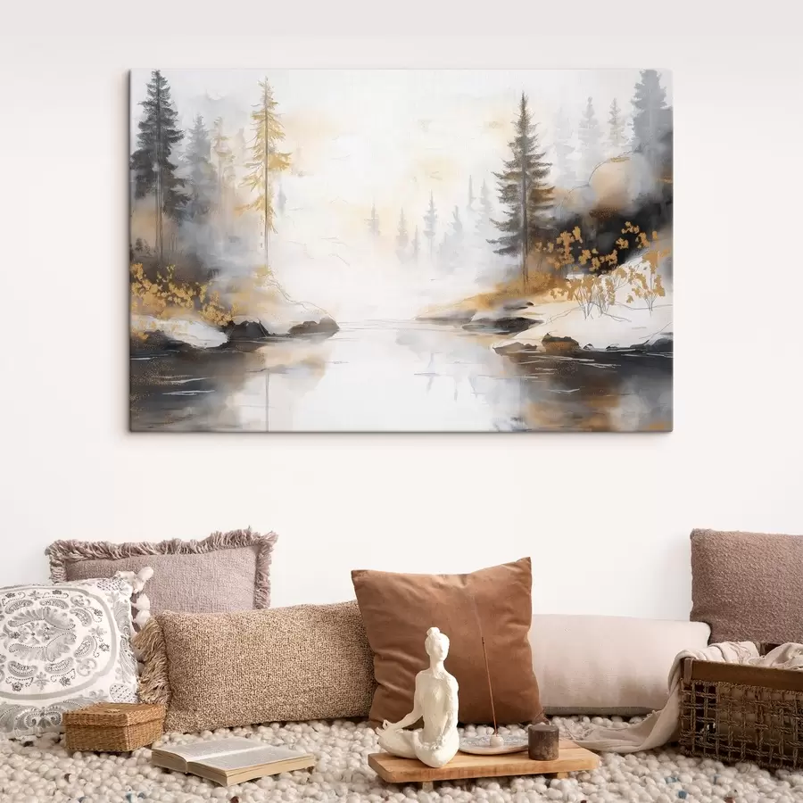 wall murals Nature landscape with river, forest and pine trees, soft pastel colors s42375