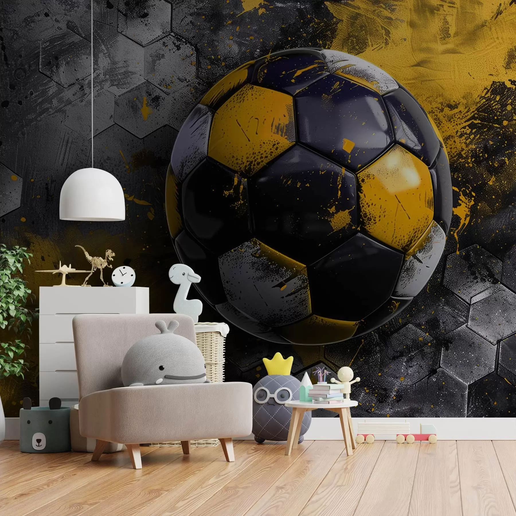 wall murals Soccer ball on a background of honeycombs with yellow paint stains w08616
