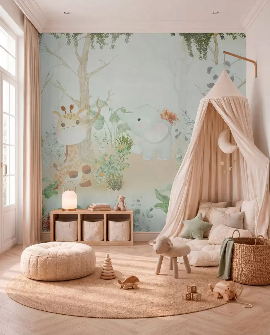 wall murals Adorable animals exploring a peaceful forest u73879
