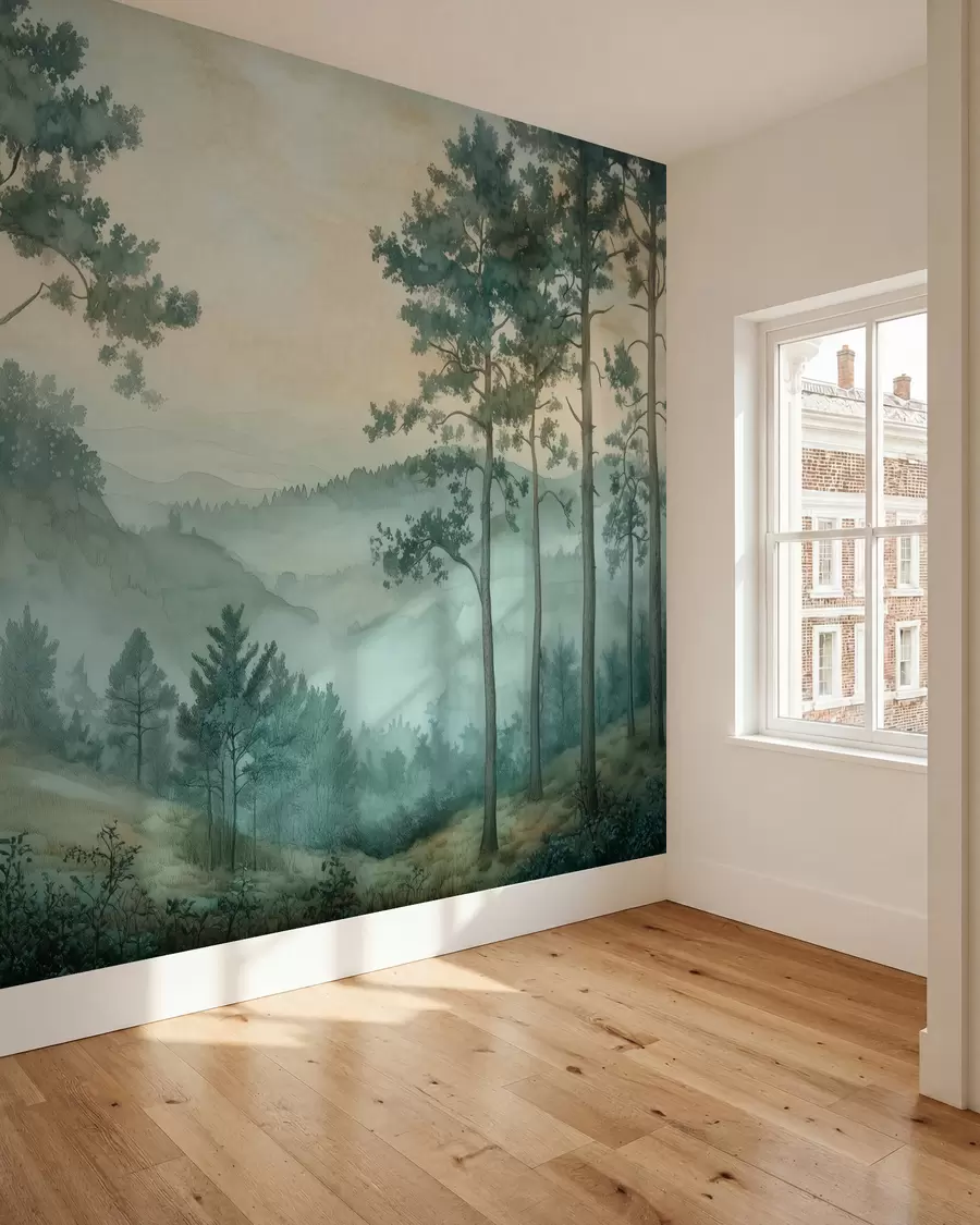 peintures murales panorama de la forêt avec des collines w02690