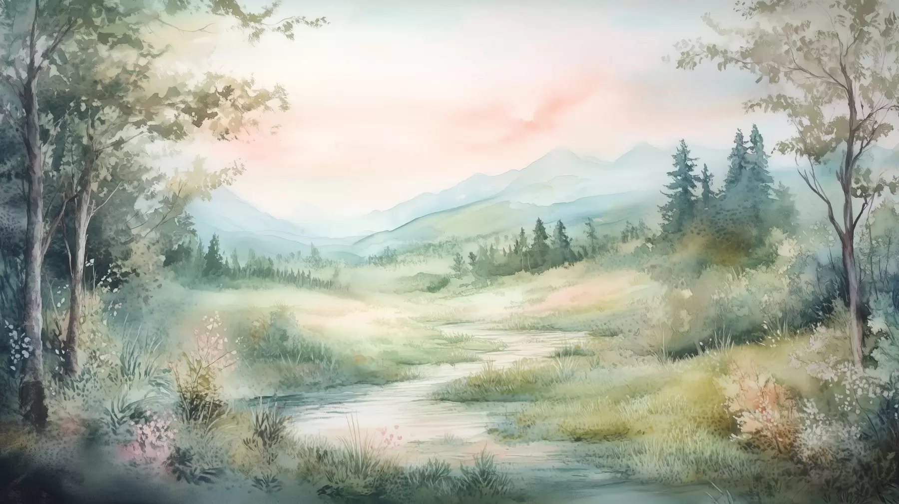 Wall Mural Photo Wallpaper watercolor landscape with a path and mountains w02764