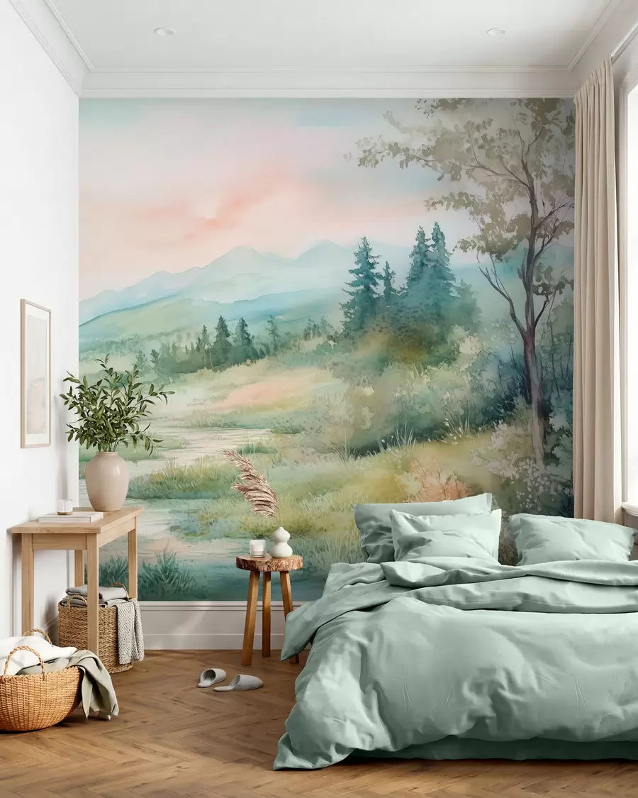 peintures murales paysage aquarelle avec un chemin et des montagnes w02764