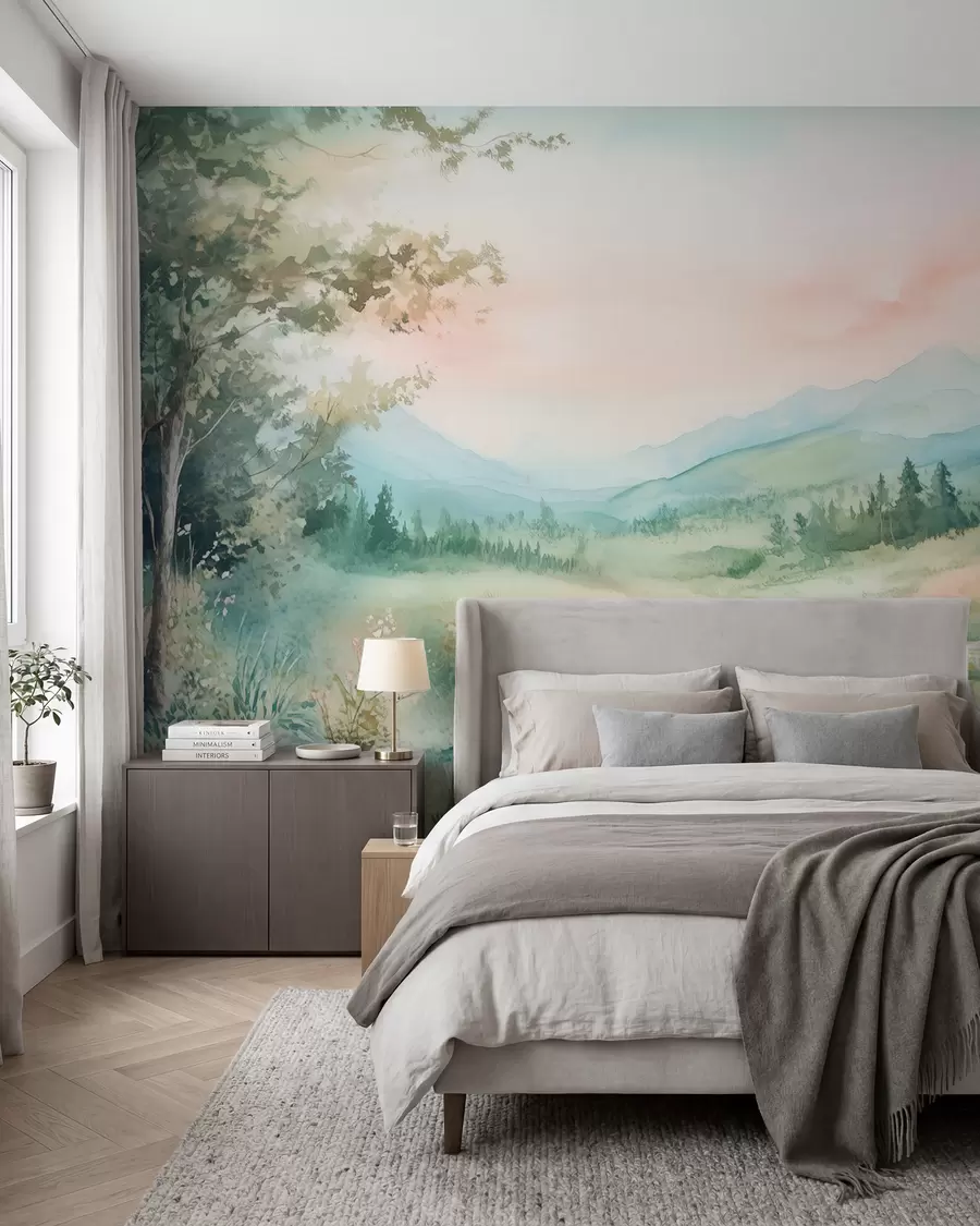 wall murals watercolor landscape with a path and mountains w02764
