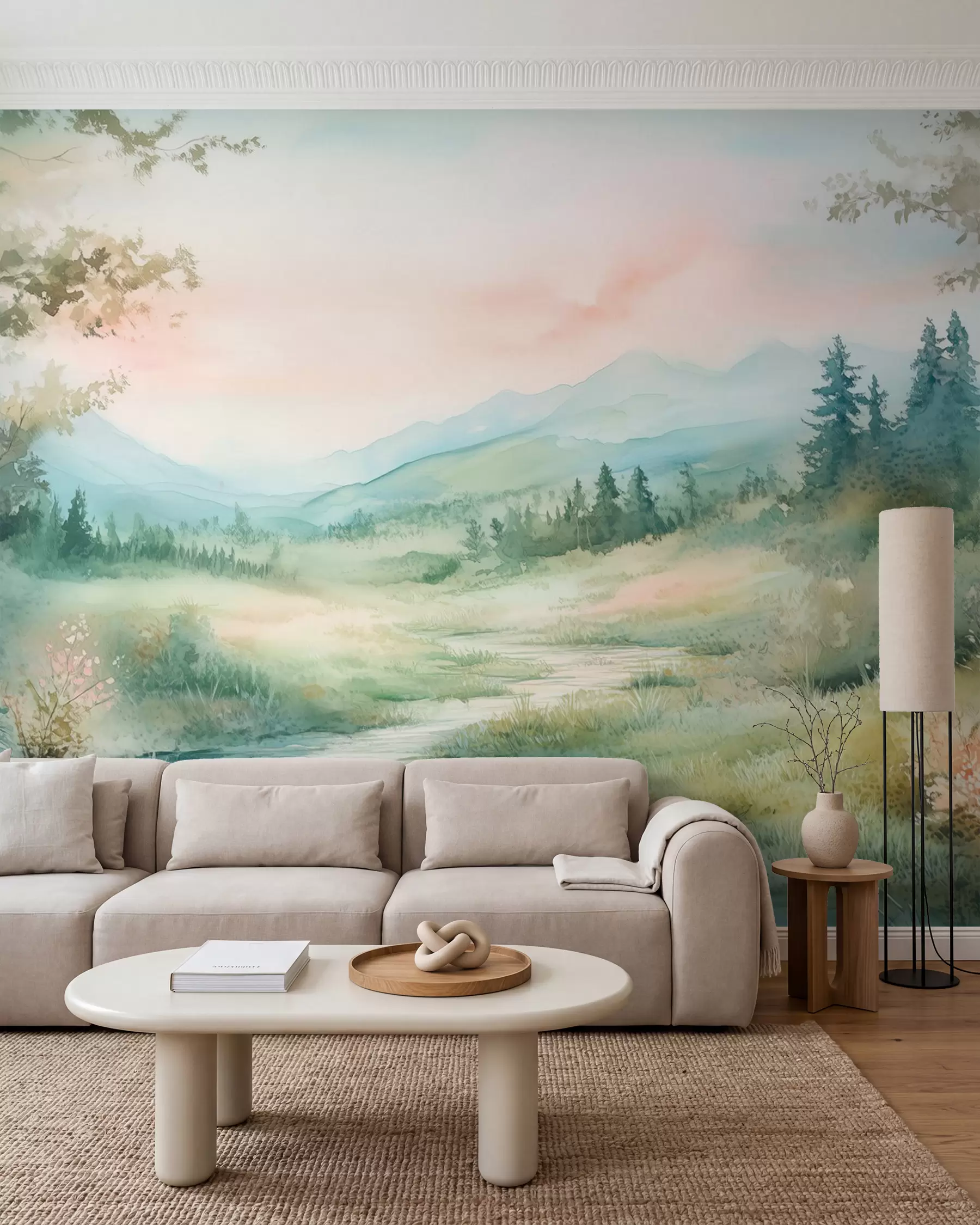 peintures murales paysage aquarelle avec un chemin et des montagnes w02764