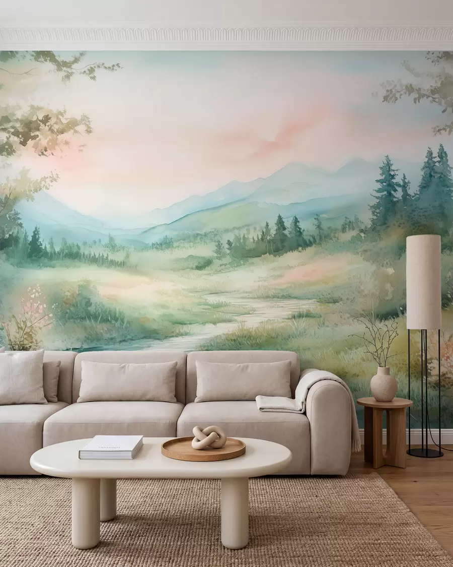 peintures murales paysage aquarelle avec un chemin et des montagnes w02764