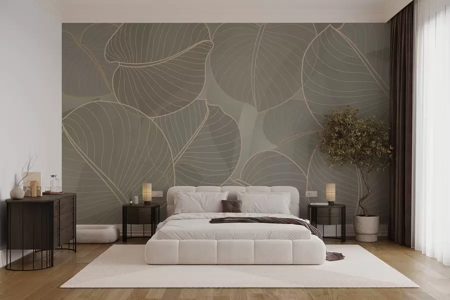 Wall Mural Photo Wallpaper linear foliage of the August lily in beige tones w02768