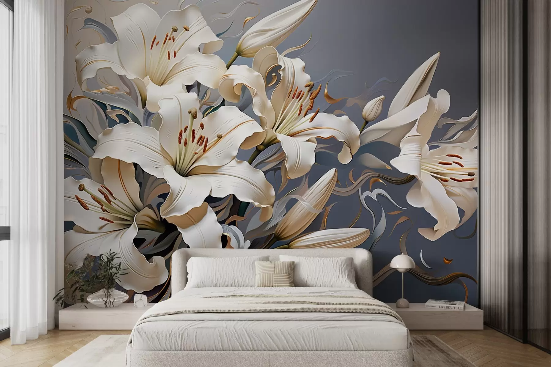 murales Sofisticados lirios blancos sobre fondo azul grisáceo w08633