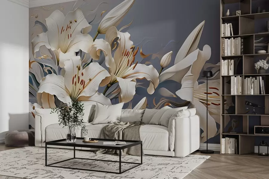 murales Sofisticados lirios blancos sobre fondo azul grisáceo w08633