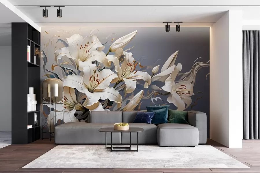 peintures murales Lys blancs raffinés sur fond gris-bleu w08633