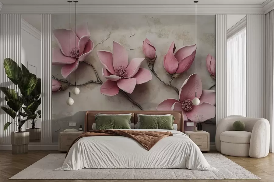 Wall Mural Photo Wallpaper Pink magnolias in stucco style w08635
