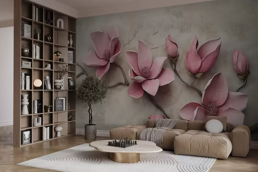 Wall Mural Photo Wallpaper Pink magnolias in stucco style w08635